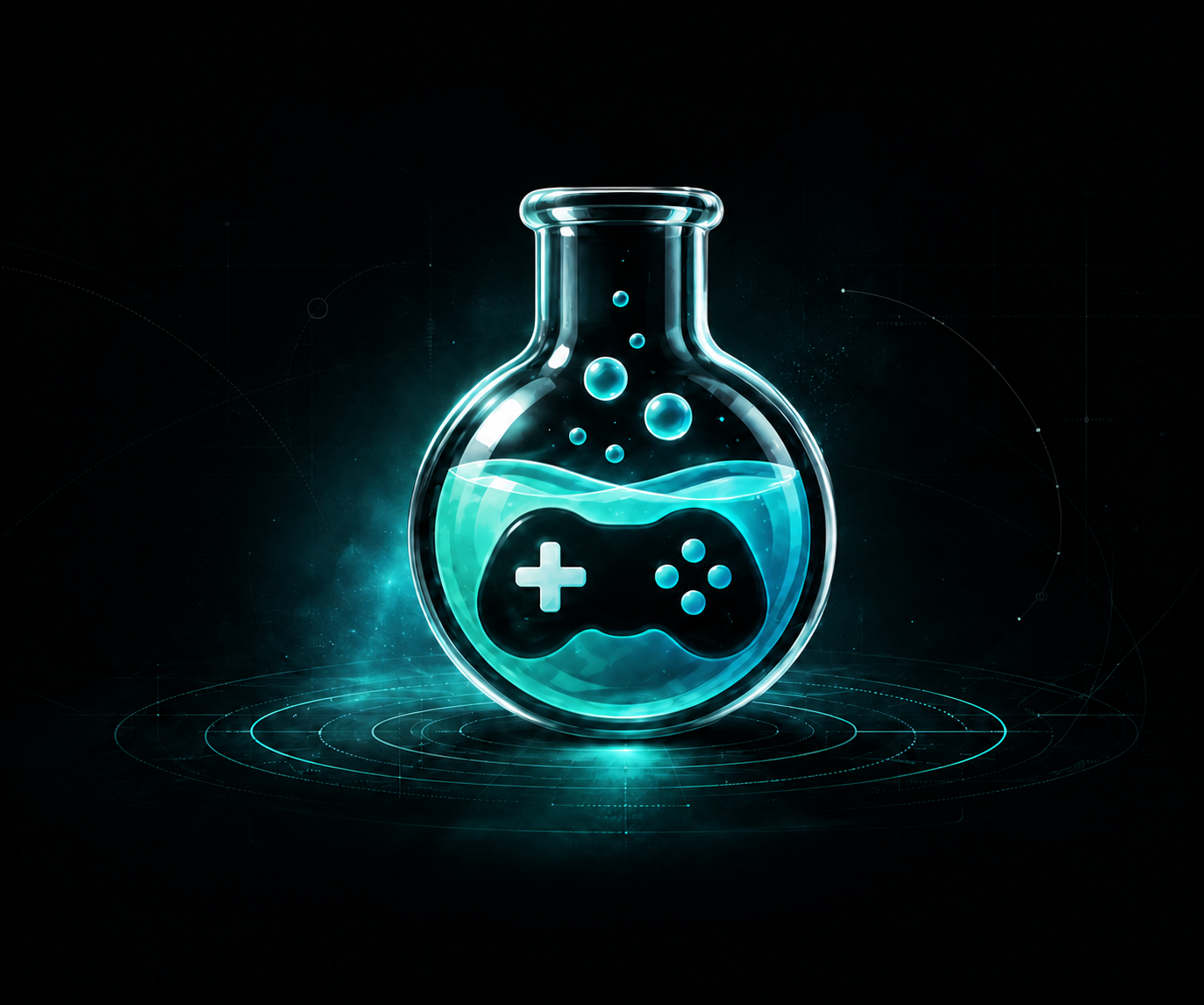 A luminous glass flask filled with aqua liquid and a game controller, floating above illuminated rings.
