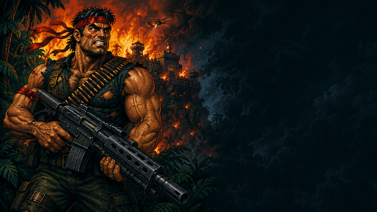 A pixel-art commando in a jungle, with a burning fortress behind him.