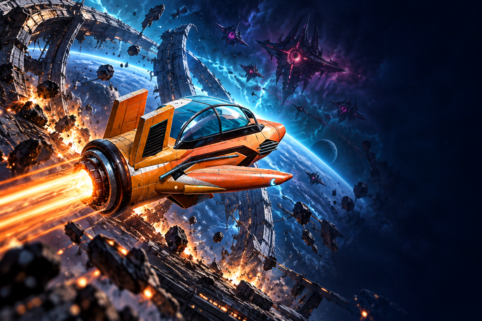 Illustrated Starblitz Assault 2 cover art: an orange fighter races through shattered orbital rings, blue lightning, and alien ships.